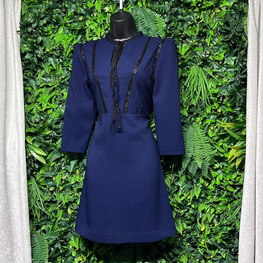 Maje Remala Dress Size 3 Blue Amour Logo Trim Keyhole A-Line US Large  4179
